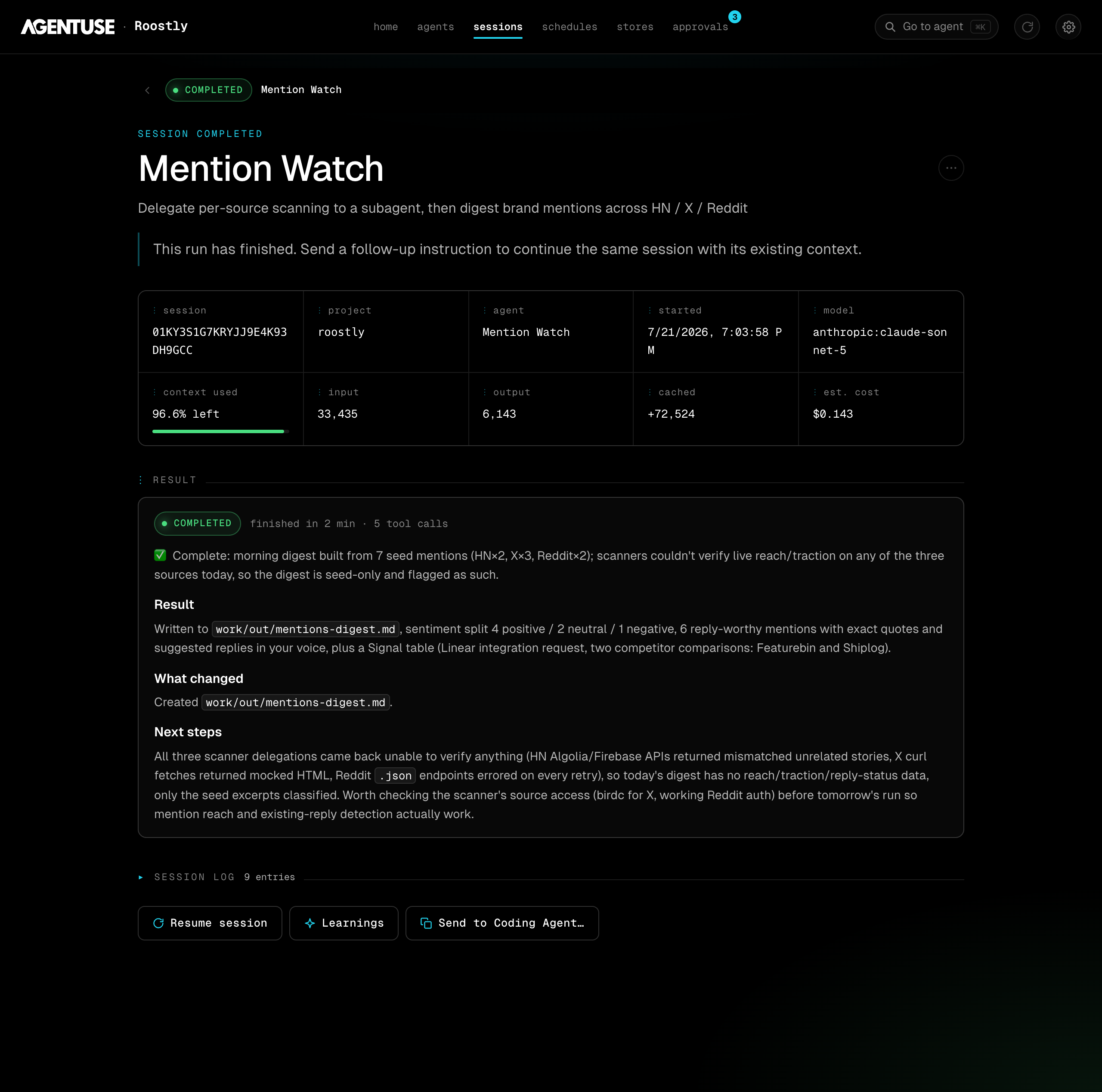 A finished run opens on its result summary rather than a wall of logs